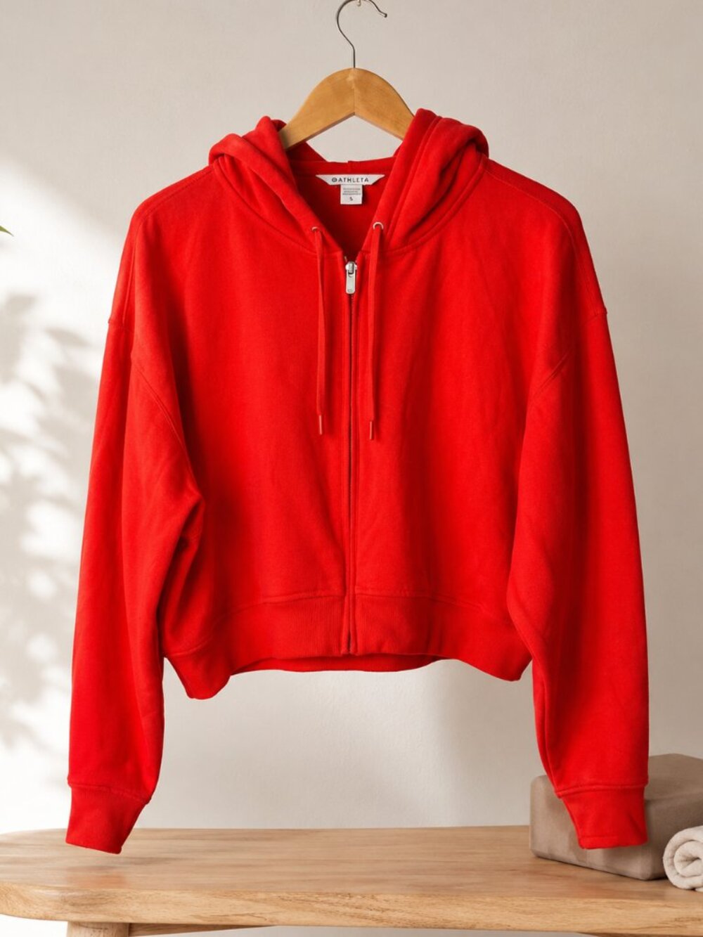 Athleta Forever Fleece Ultra Crop Red Zip Hoodie Large NWOT